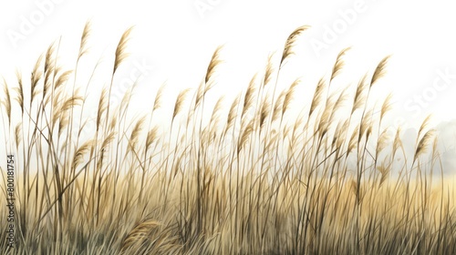 Tall reeds swaying, hints of brown and green, detailed with high precision, forming a naturalistic border, isolated on white background, watercolor