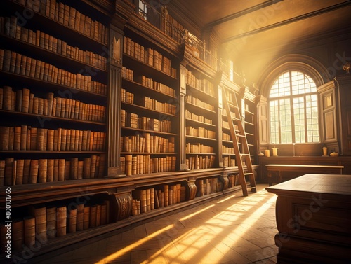 Sunlit old library with rows of books, no people, focusing on education and the love of reading photo