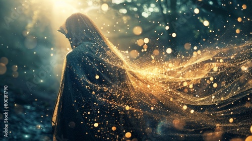 A person is shrouded in a protective cloak of shimmering particles showcasing their enhanced immune defense.. photo