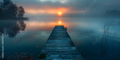 A straight flat simplistic rectangular lake dock with a beautiful sunrise, foggy and calm water, perfect for nature relax wallpaper. photo