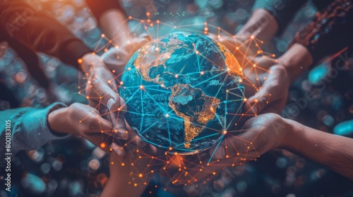 A group of diverse people holding hands around a globe, data streams forming connections between them, symbolizing global collaboration for tackling climate change through ESG initiatives photo