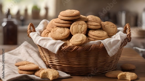 A basket filled with homemade snickerdoodle cookies cooling on a kitchen towel  photo