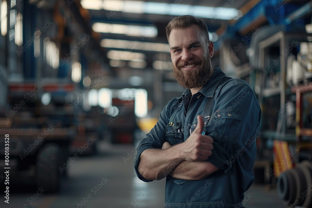 Obraz premium man Thumb up, ware house interior 