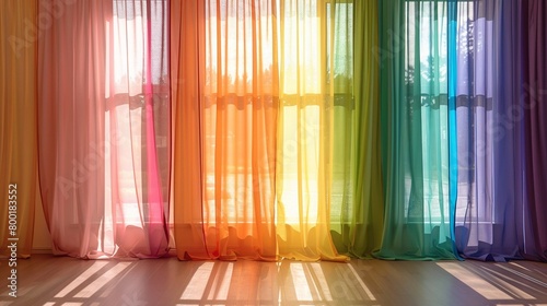 A set of curtains that filter the morning light into colors of the rainbow  starting each day with a spectrum of hope  Hyper realistic