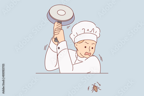 Man restaurant cook kills cockroach crawling on kitchen table, shaking frying pan