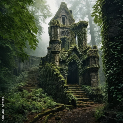 Abandoned castle ruins covered in ivy, with a foggy forest background creating a mystical scene