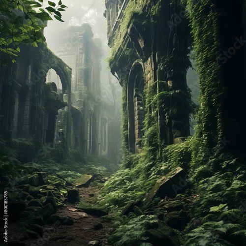 Abandoned castle ruins covered in ivy  with a foggy forest background creating a mystical scene