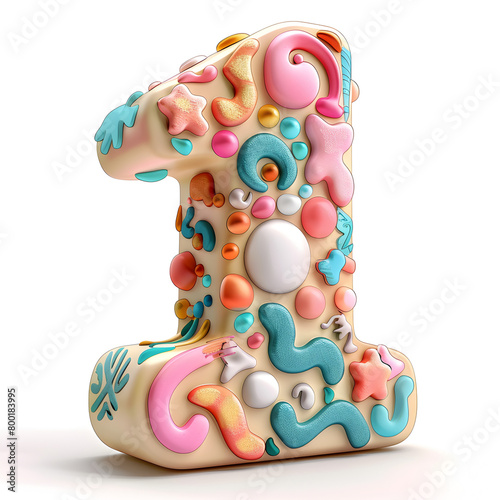 A colorful cake with a number 1 on it. The cake is decorated with various shapes and colors, giving it a fun and playful appearance. Generative AI © Keattipoom