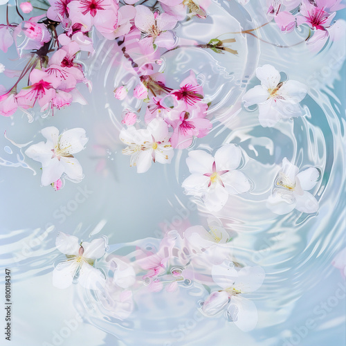 Flowers float in blue water 
