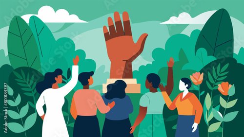 Against a backdrop of lush greenery a group of diverse figures gather to witness the reveal of a sculpture of a hand reaching out to another. Vector illustration