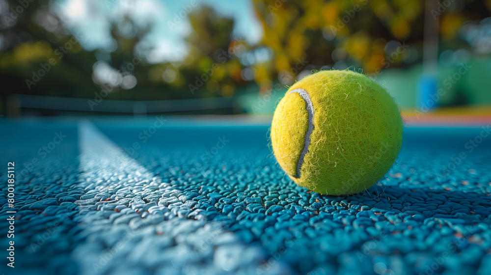 A green tennis ball is lying on the court before the game