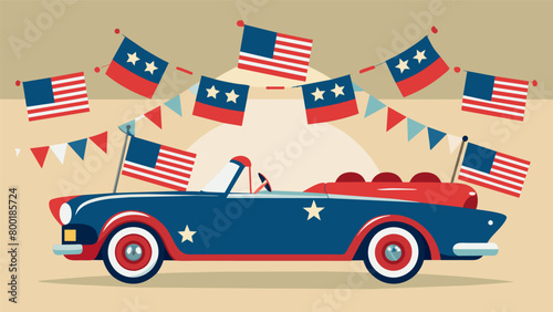 The classic convertibles adorned with waving American flags and bunting bring a touch of oldfashioned charm to the Independence Day festivities.. Vector illustration