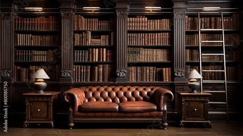Classic bookshelf filled with leatherbound books in a private study photo