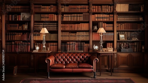 Classic bookshelf filled with leatherbound books in a private study photo