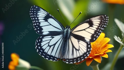 A close-up of a Malabar Tree Nymph Butterfly (Black and white wings) on orange flower with a blurred natural background, Idea malabarica photo