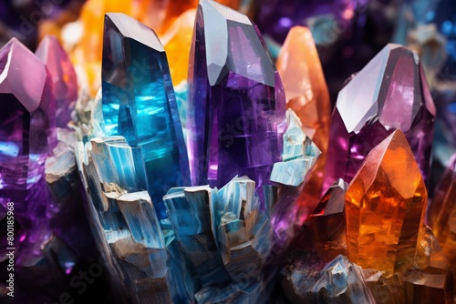 Closeup of sparkling mineral surfaces, displaying natural crystal formations and colors photo