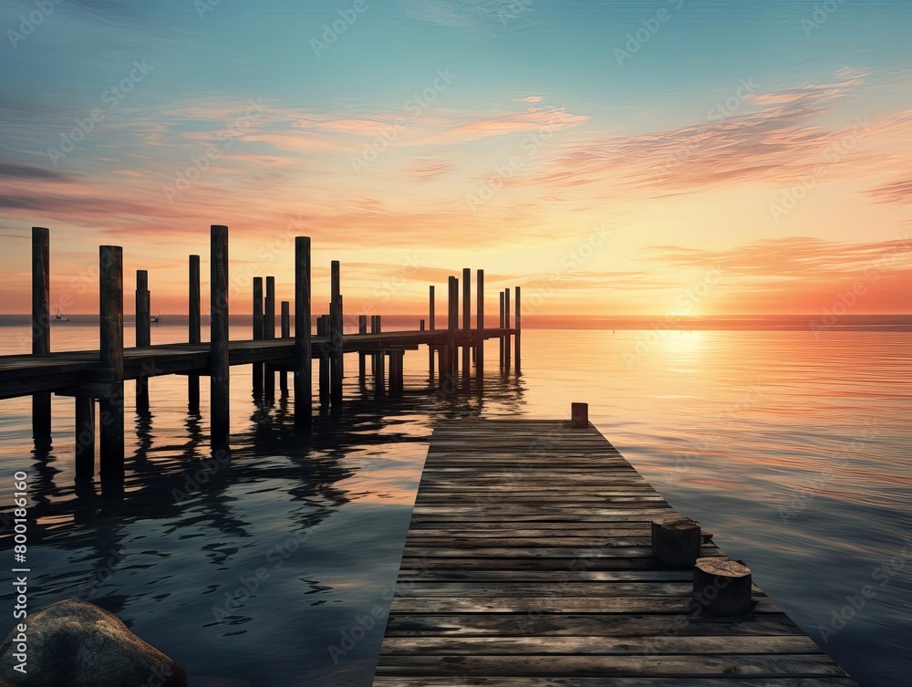 Coastal scene with a rustic wooden pier extending into a calm ocean at sunset