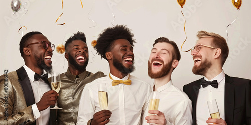 5 Männer feiern junggesellenabschied vor weißem Hintergrund. photo