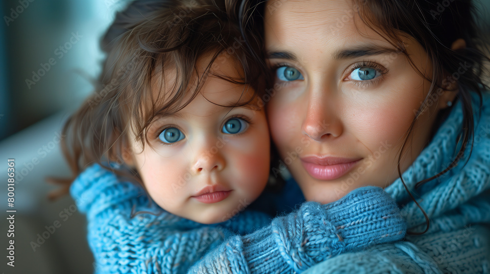 A little girl with blue eyes is sitting in the arms of her mother A little girl with blue eyes is sitting in the arms of her mother