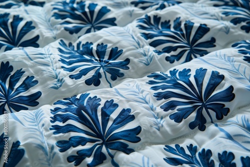 Detailed close up of intricate blue and white patterned fabric for enhanced search relevance