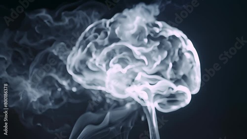 A brain is shown in a black and white photo with smoke surrounding it. The brain appears to be in a state of confusion or disarray, as if it is being affected by the smoke. Scene is somewhat eerie