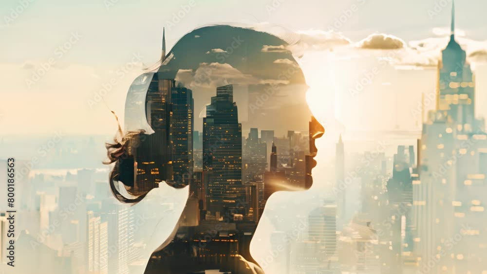 A woman's face is shown in a cityscape, with the buildings and city lights creating a dreamy, surreal atmosphere