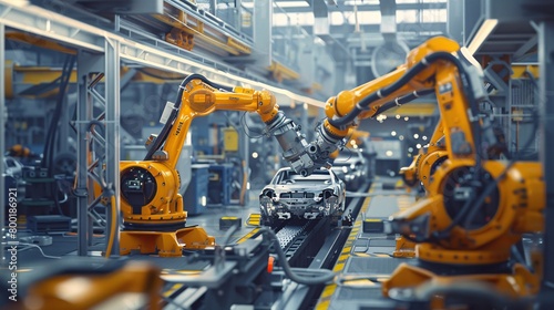 Car Factory 3D Concept: Automated Robot Arm Assembly Line Manufacturing High-Tech Green Energy Electric Vehicles. Construction, Building, Welding Industrial Production Conveyor. Elevated Wide Shot