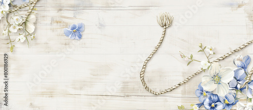 Background with texture of wooden boards, rope and flowers
