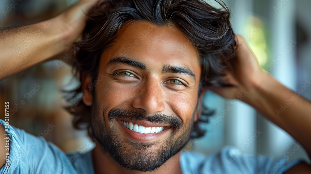 a young indian handsome man with curly hair and brown eyes smiles at the camera with a snow-white smile a young indian handsome man with curly hair and brown eyes smiles at the camera with a snow-white smile