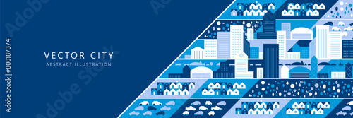 Cityscape panorama. Megapolis city view. Smart city. Urban landscape with many building. Collection of houses, skyscrapers, buildings, supermarkets with streets and traffic. Vector illustration