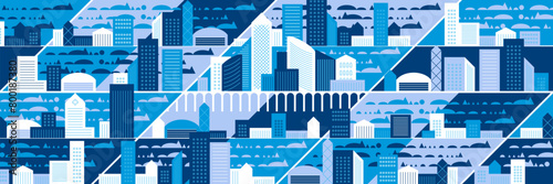 Cityscape panorama. Megapolis city view. Smart city. Urban landscape with many building. Collection of houses, skyscrapers, buildings, supermarkets with streets and traffic. Vector illustration