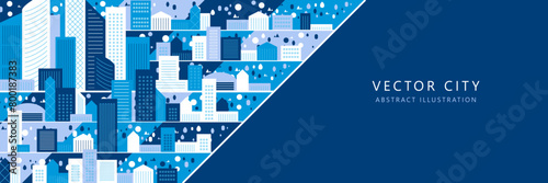 Cityscape panorama. Megapolis city view. Smart city. Urban landscape with many building. Collection of houses, skyscrapers, buildings, supermarkets with streets and traffic. Vector illustration