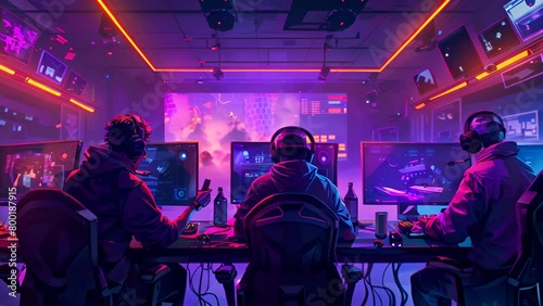 Three people are playing video games in a brightly lit room. The room is decorated with neon lights and the players are wearing headphones photo