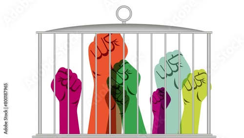 An iron cage. Arms outstretched in protest. Animation. photo