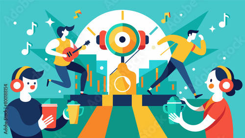 The sound of upbeat music fills the air setting the energetic tone for the competition.. Vector illustration