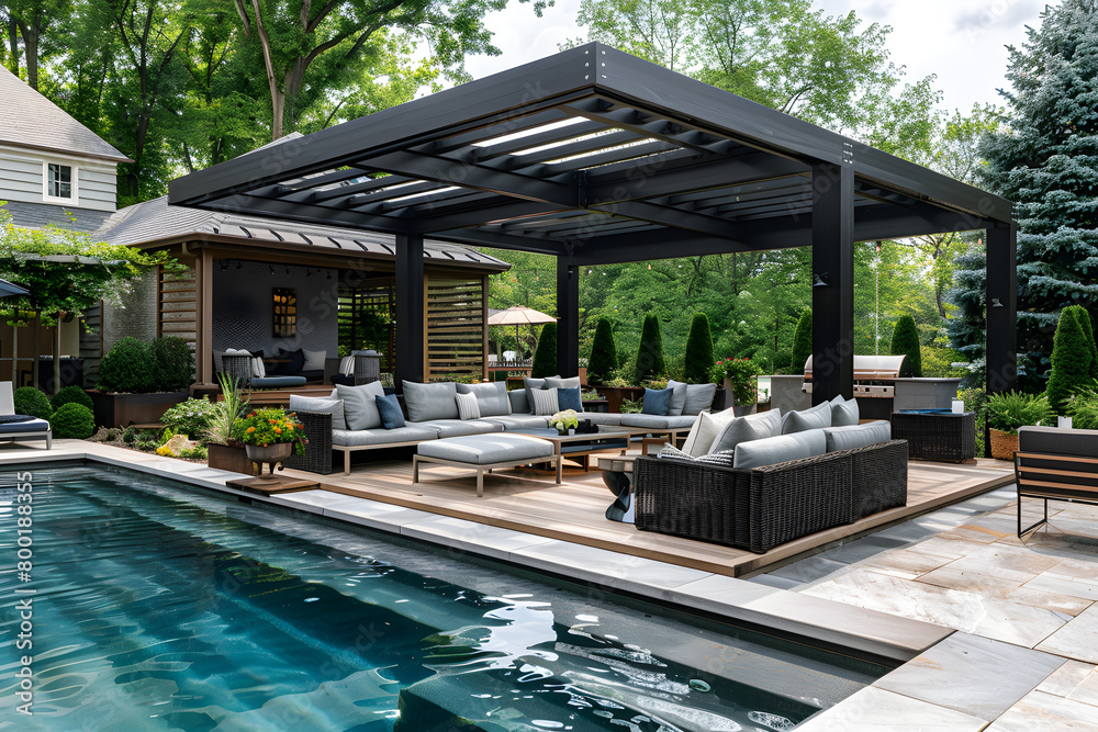 A luxurious outdoor garden with a teak hardwood deck and a black pergola, featuring a pool and lounge furniture ideal for relaxation and socializing.