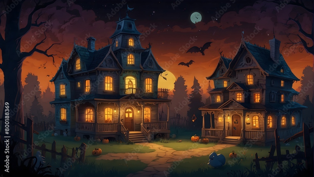 A spooky cartoon world filled with friendly ghosts and haunted houses that host supernatural parties ai_generated