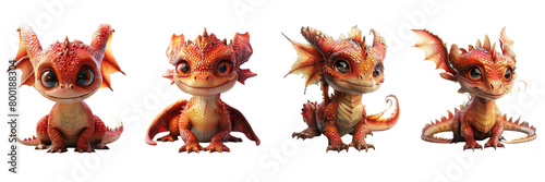 Set of A Red with yellow belly happy cute baby dragons on a transparent background photo