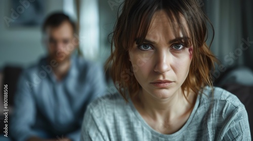 Domestic violence, with a distressed, physically and emotionally abused woman in the foreground - and the blurry abusive man in the background. photo