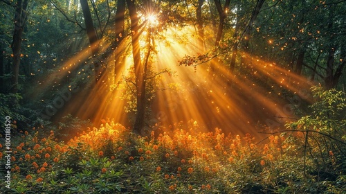 A forest bathed in the golden light of the sun. Rays of sunlight pierce through the foliage  creating a natural cathedral of light and shadow