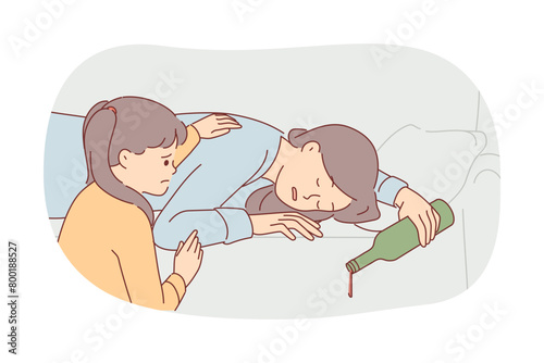 Drunk mother sleeps on sofa with bottle of alcohol, forgetting about unfortunate little daughter