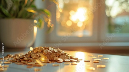 A pile of small golden coins forming a peak on the table