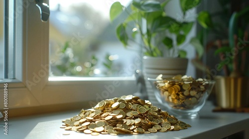 A pile of small golden coins forming a peak on the table