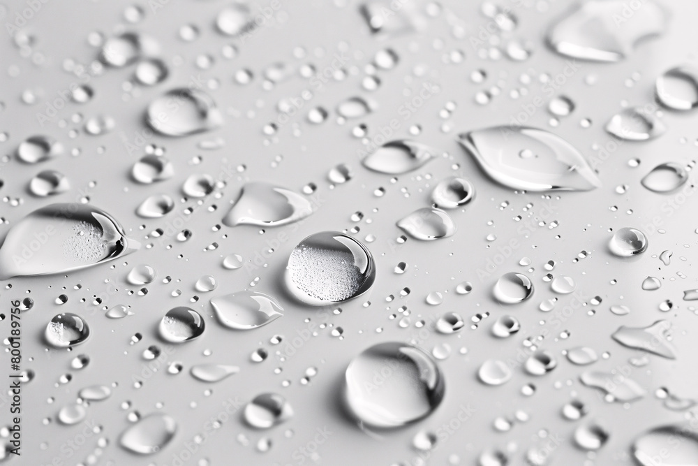 Close up of clear water droplets on a light gray surface in a random pattern