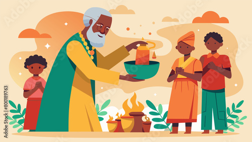 An elder leads the congregation in a traditional African libation ceremony pouring water and offering prayers to honor the ancestors and their. Vector illustration