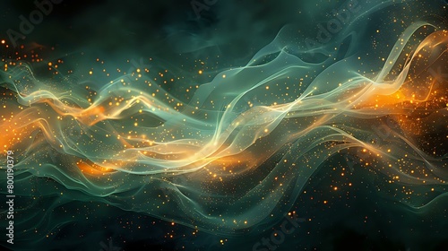 Emerald Elegance: Abstract Digital Art with Fluid Waves and Golden Glow