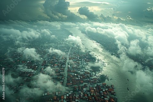 Aerial view of a storm-ravaged city under a dramatic cloud cover, Concept of extreme weather and environmental impact