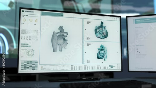 Medical vessel analysis system diagnosing diseases. Analysing the patients vessels for illness diagnosis. Diagnostic system identifies multiple blood clots in the patients heart vessels. photo