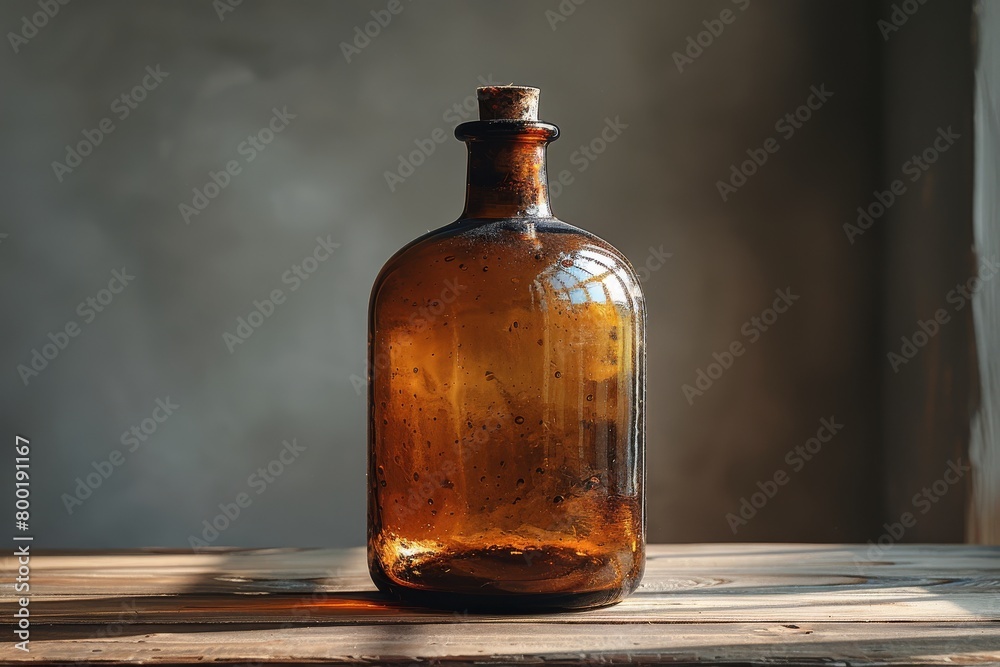 A close up of a classic glass bottle placed on the table against a decoration background shot in a studio. A close up of a classic glass bottle placed on the table against a decoration background shot in a studio.