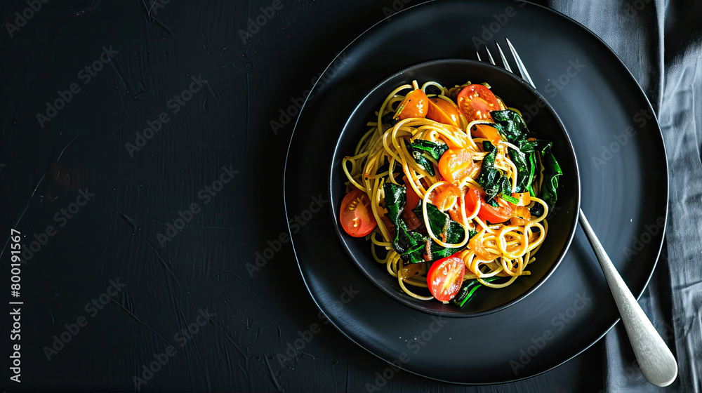 Pasta with fork in black plate
Pasta with fork in black plate